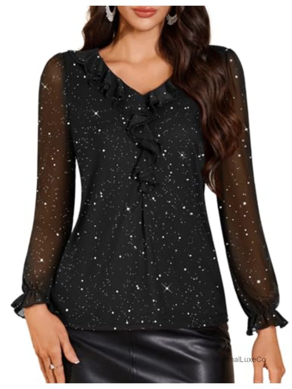 Women's Sequin Tops Long Sleeve Mesh Blouses V-Neck Party Tunic